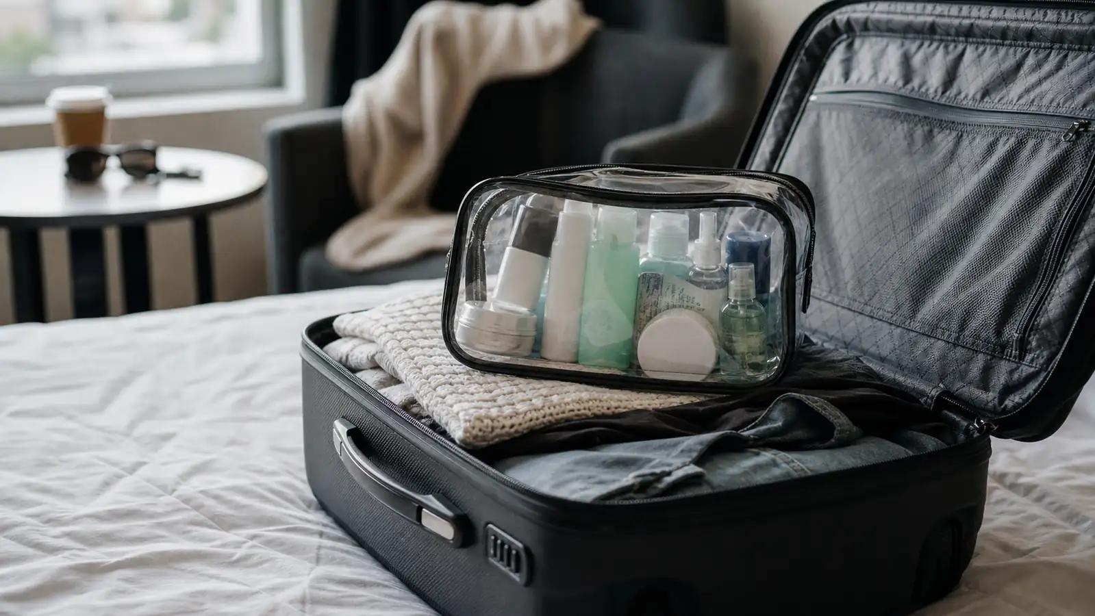 Open carry-on suitcase on a bed with a clear toiletry bag packed neatly on top of folded clothing