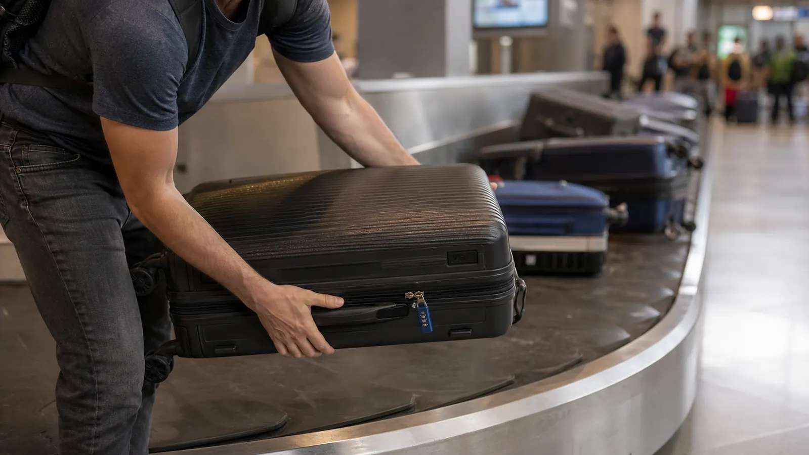 Traveler at baggage claim lifting a suitcase off the carousel with a small lock still clipped to the zipper
