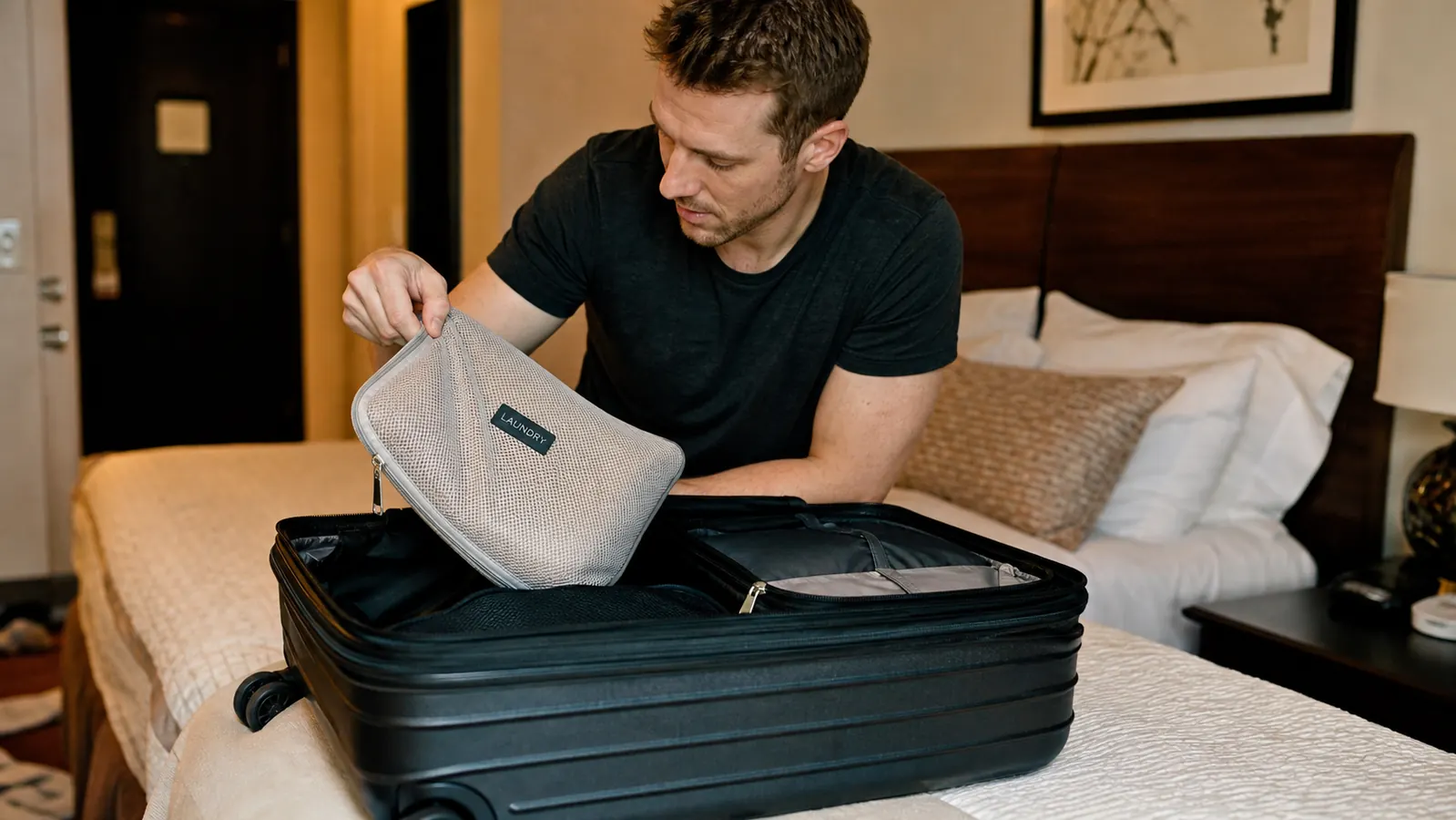 Traveler pulling one packing cube of dirty laundry out of a suitcase at the end of a hotel stay