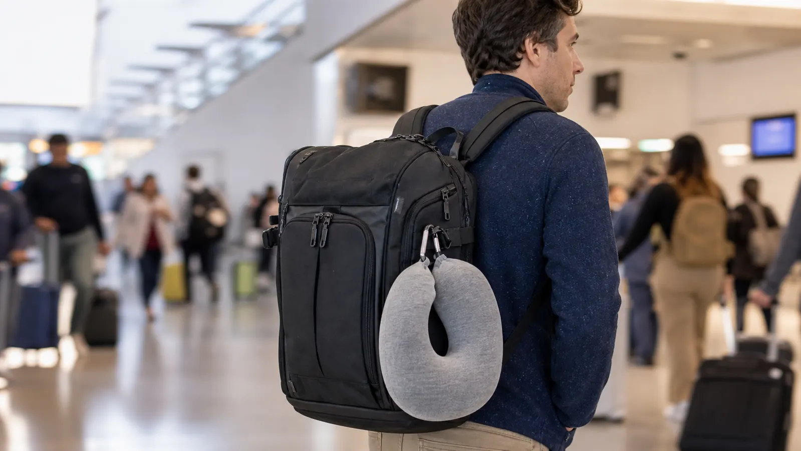 Neck pillow clipped by its snap button to the outside strap of a backpack in an airport terminal