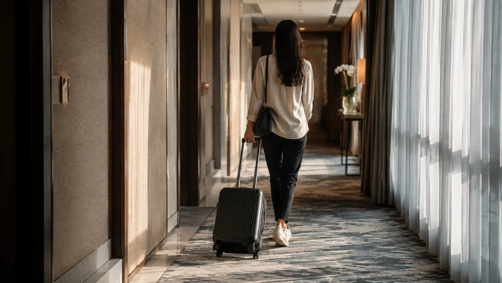 Traveler rolling a suitcase through a hotel hallway with packed carry-on bag