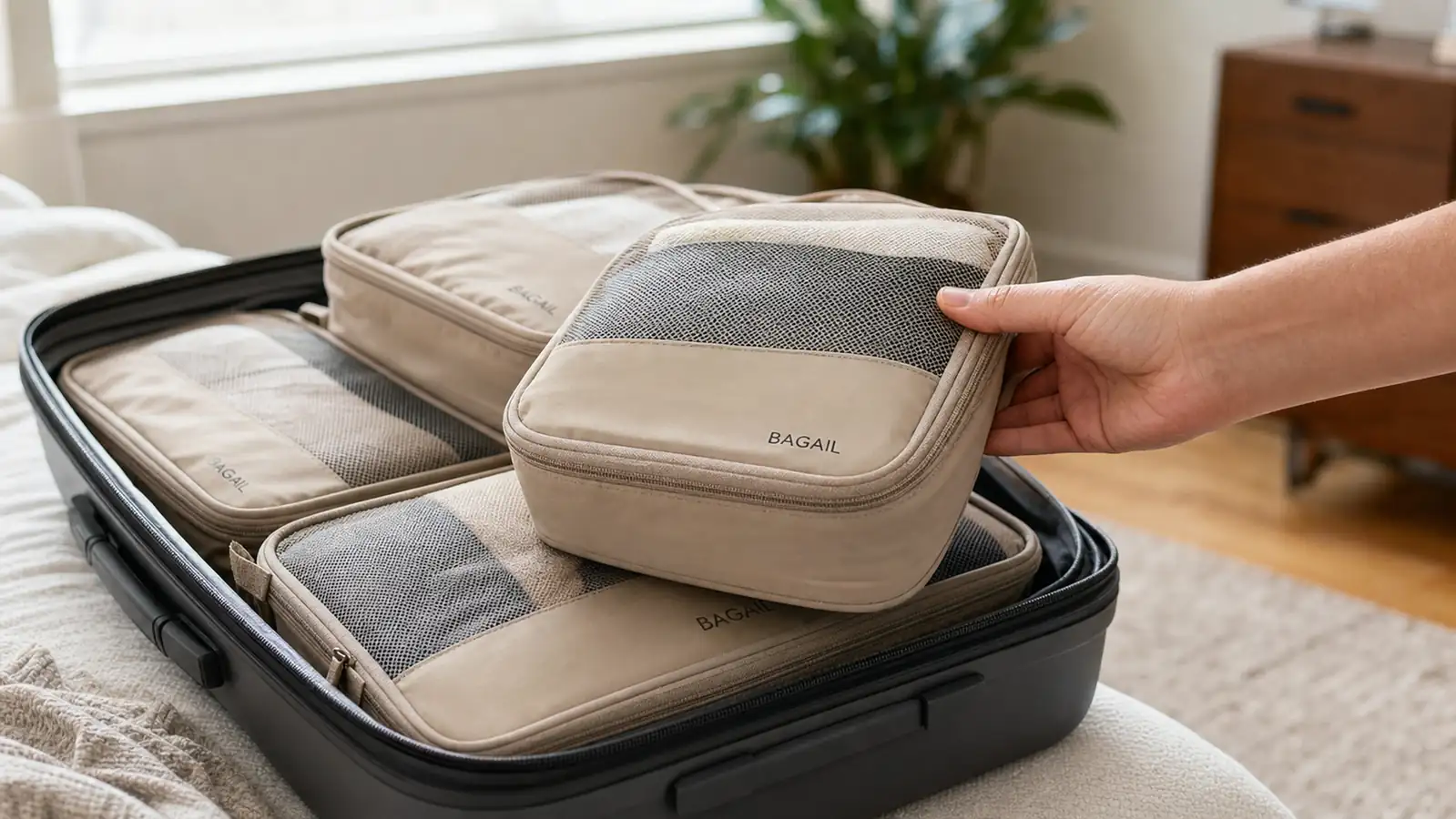 Hand pulling a mesh-top packing cube out from under a stack of other cubes inside a carry-on suitcase