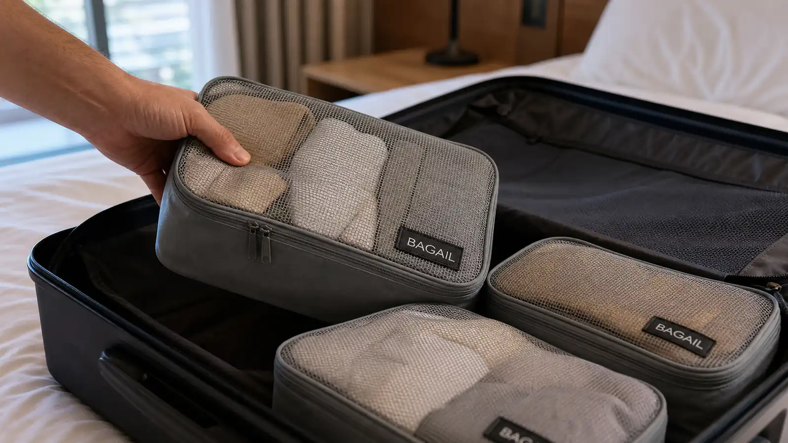 Hand placing a mesh-top packing cube filled with folded shirts into an open carry-on suitcase