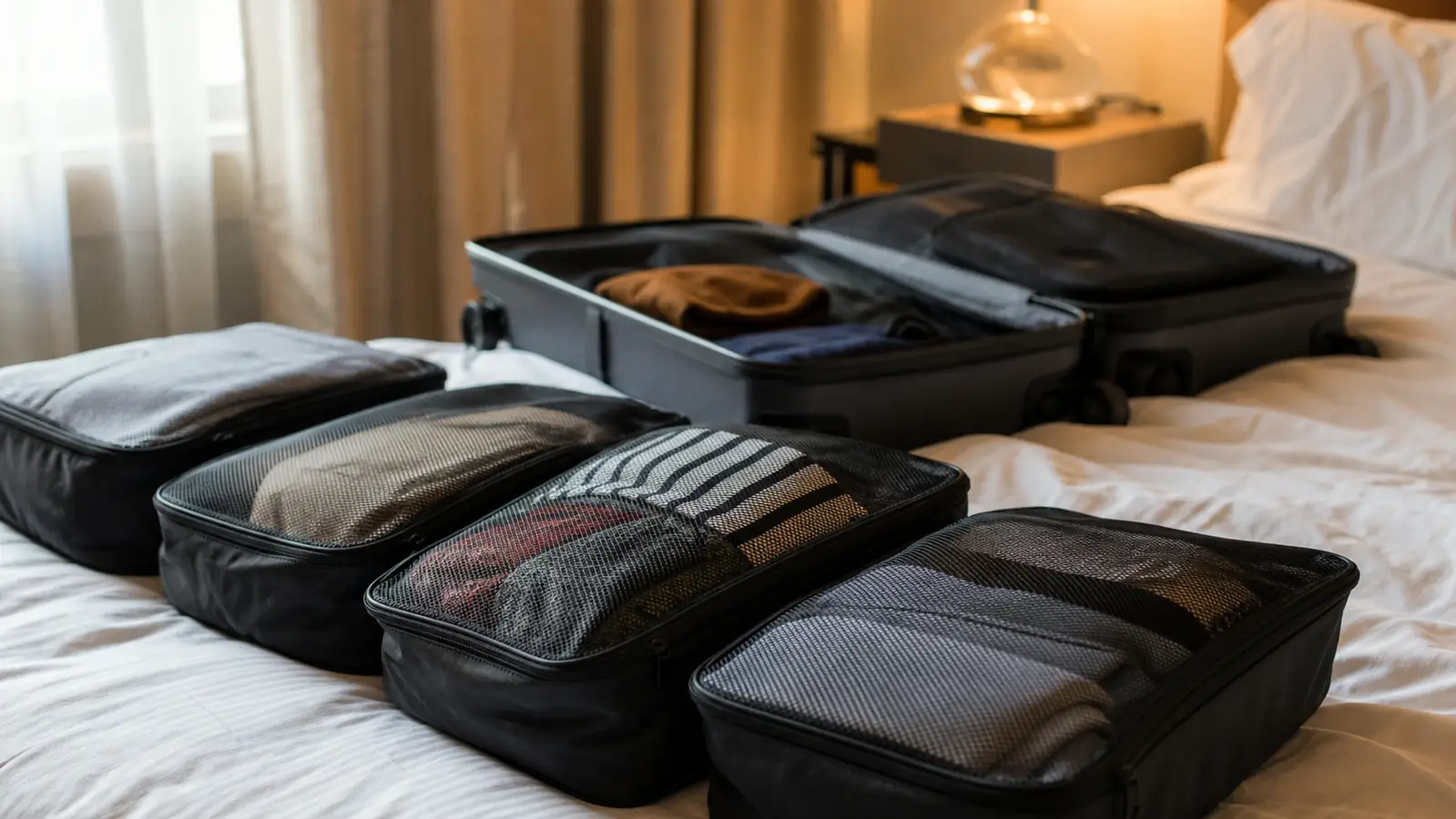 Packed cubes lined up on a hotel bed with clothes still organized inside after a flight