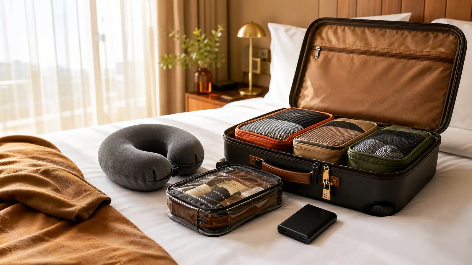 An open carry-on bag on a hotel bed at dusk, packing cubes and travel accessories laid out beside it