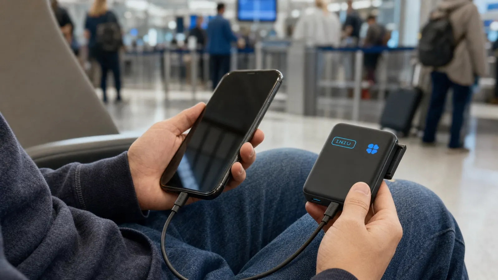 Hand plugging a compact black INIU power bank into a smartphone while seated in an airport security line