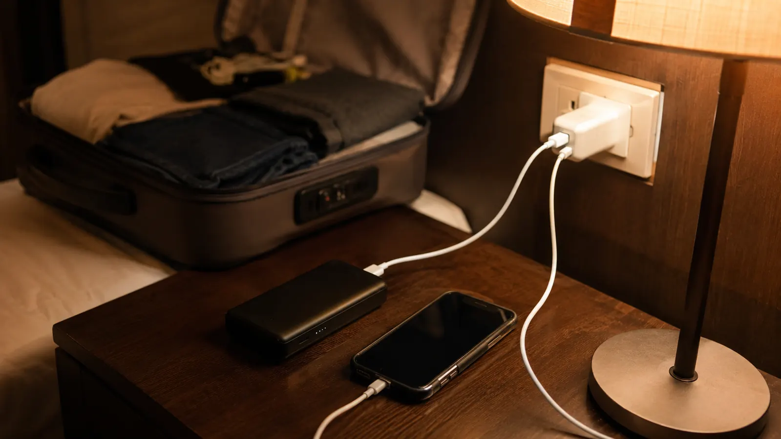 Portable charger and phone plugged in together on a hotel nightstand the night before a travel day