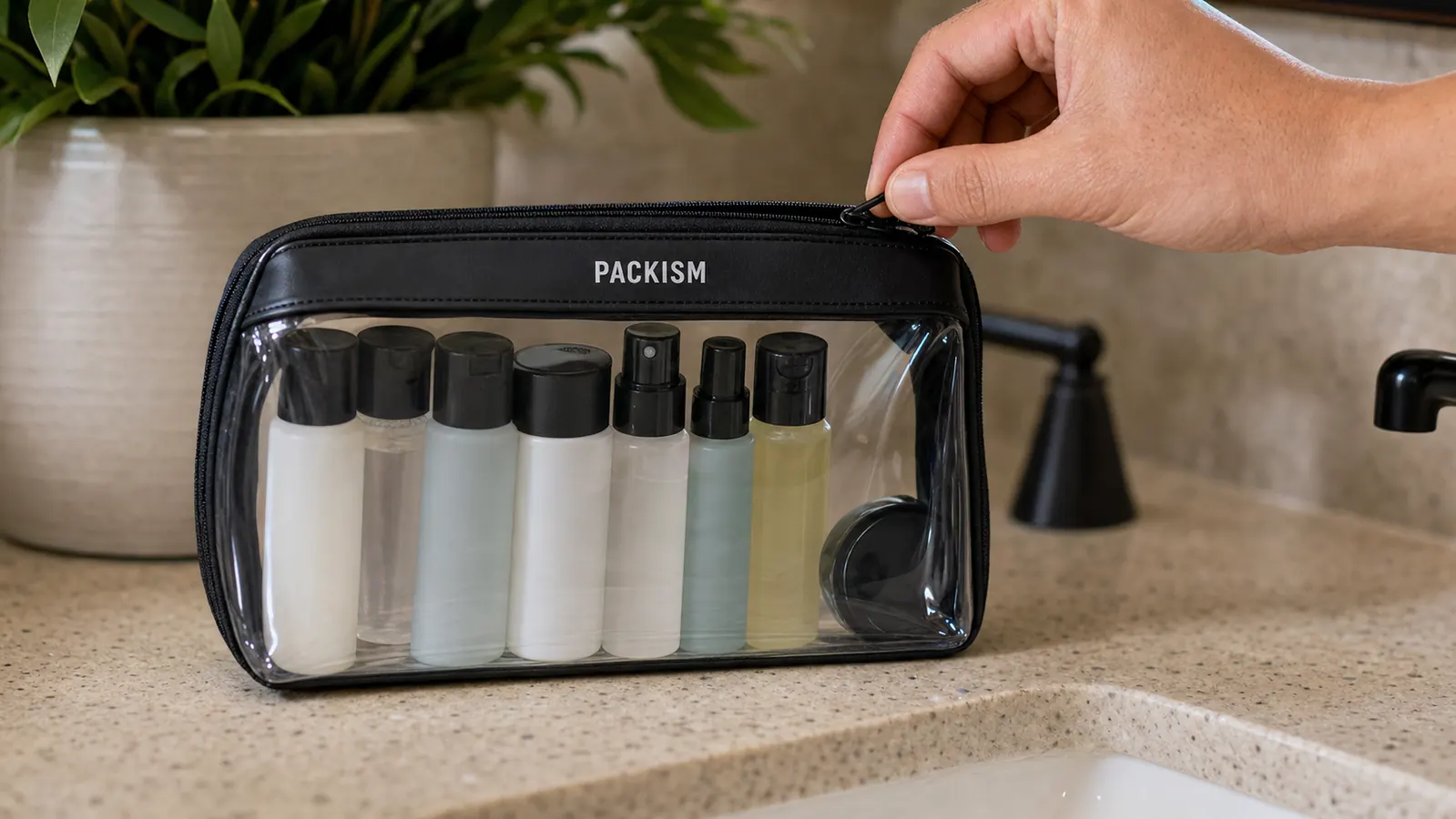 Hand zipping a clear PACKISM toiletry bag filled with travel-size bottles on a bathroom counter