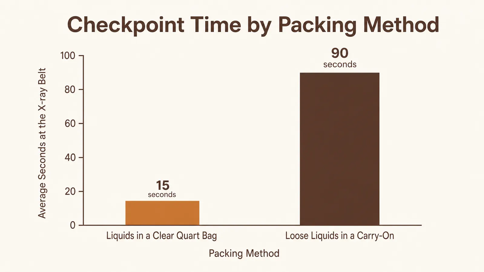 Bar chart comparing average checkpoint screening time for a properly packed clear toiletry bag versus loose liquids