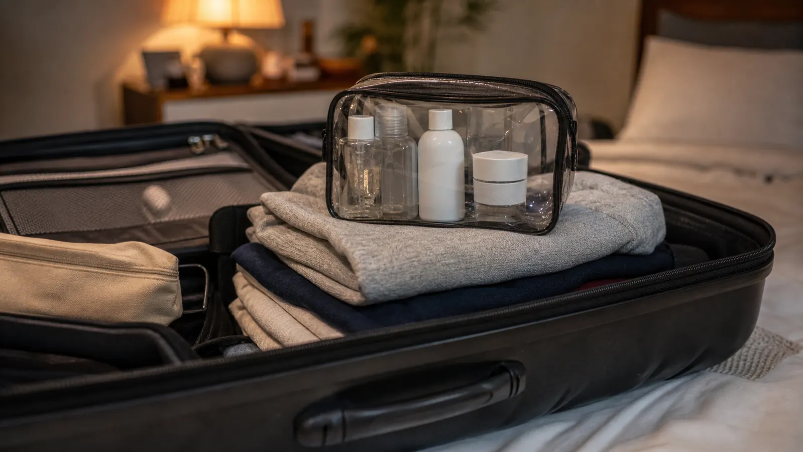 Open suitcase on a bed with a clear toiletry bag packed and ready to go on top of folded clothes