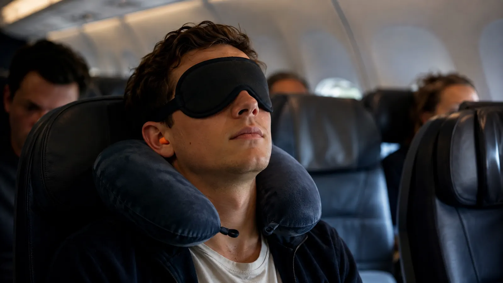 Traveler wearing an eye mask and earplugs settled into an airplane seat with a neck pillow before the cabin lights dim