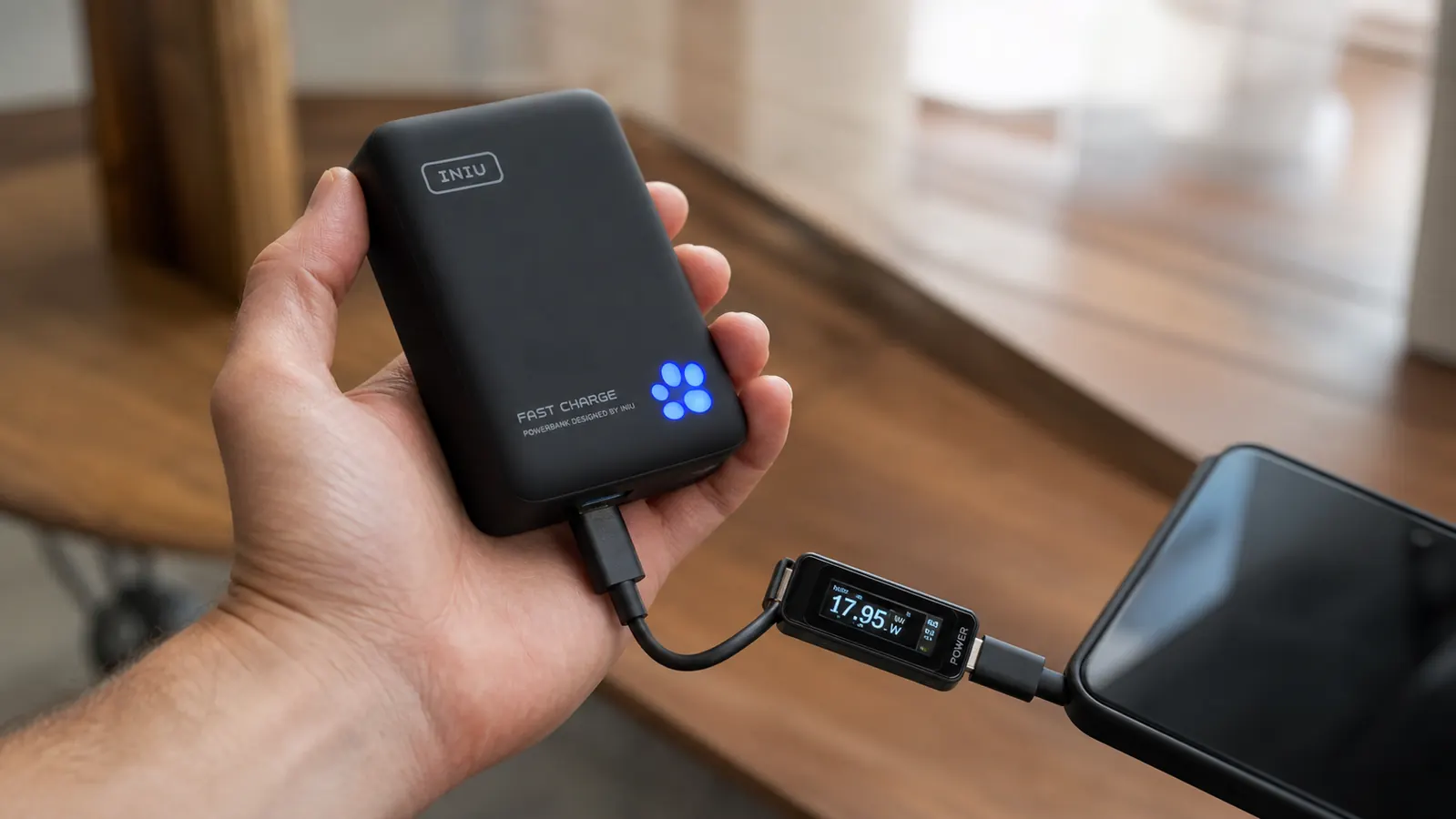 Hand holding a compact black INIU power bank connected to a smartphone through an inline USB power meter