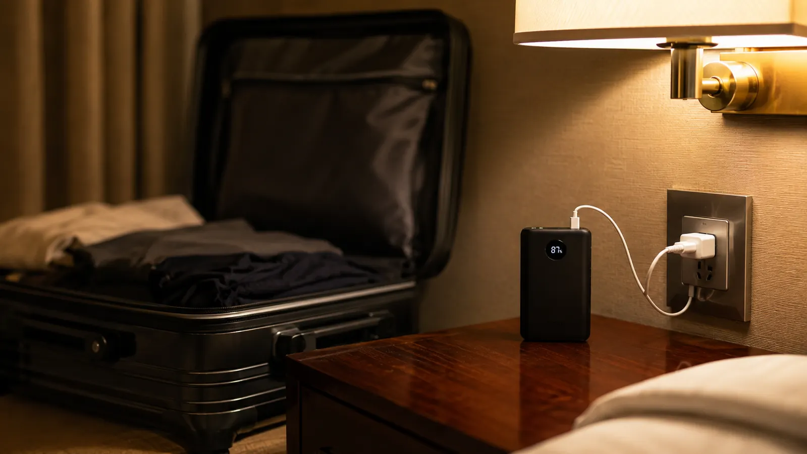 Portable charger plugged in and charging overnight on a hotel nightstand beside a packed carry-on bag