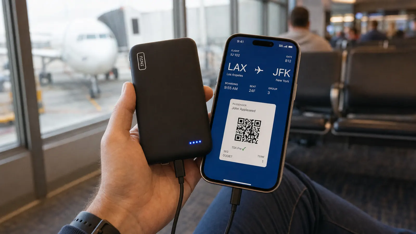 A hand holding the INIU 45W portable charger while it charges a phone at an airport gate