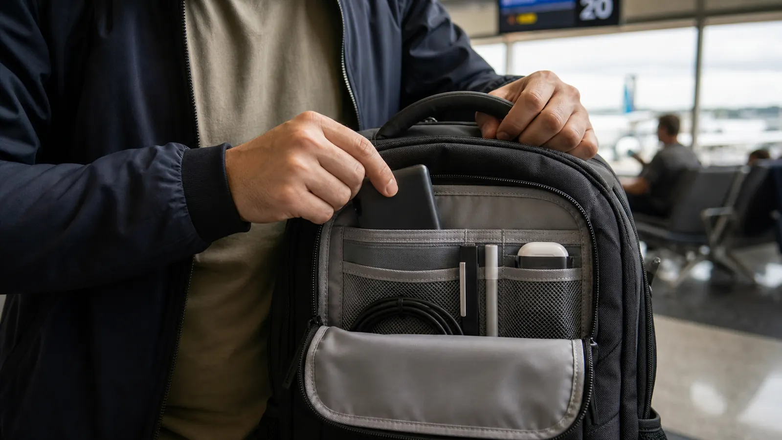 A traveler slipping a portable charger into the front pocket of a carry-on backpack before boarding