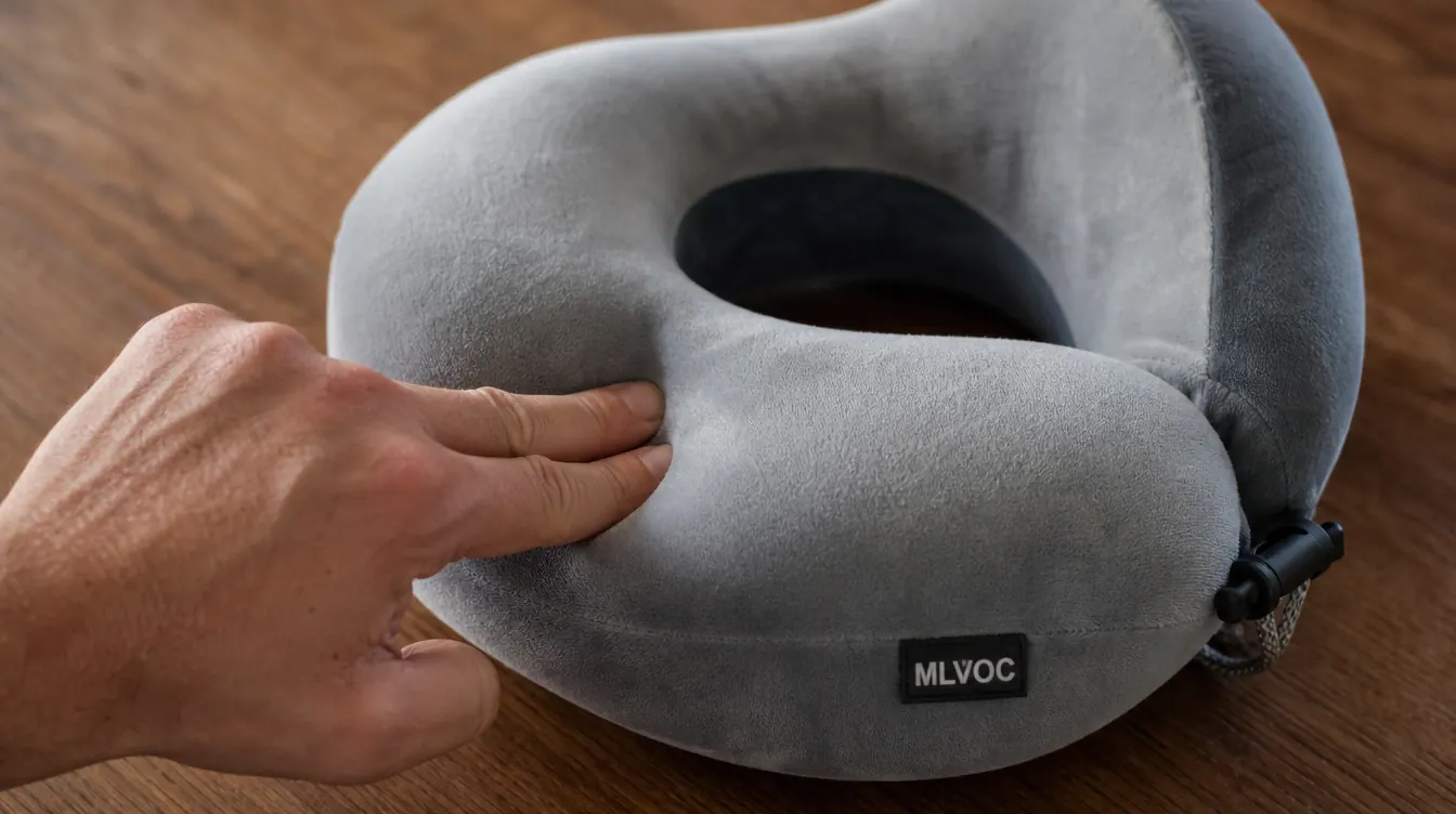 Hand pressing into the foam core of a neck pillow to show its actual density and firmness compared to a plush pillow