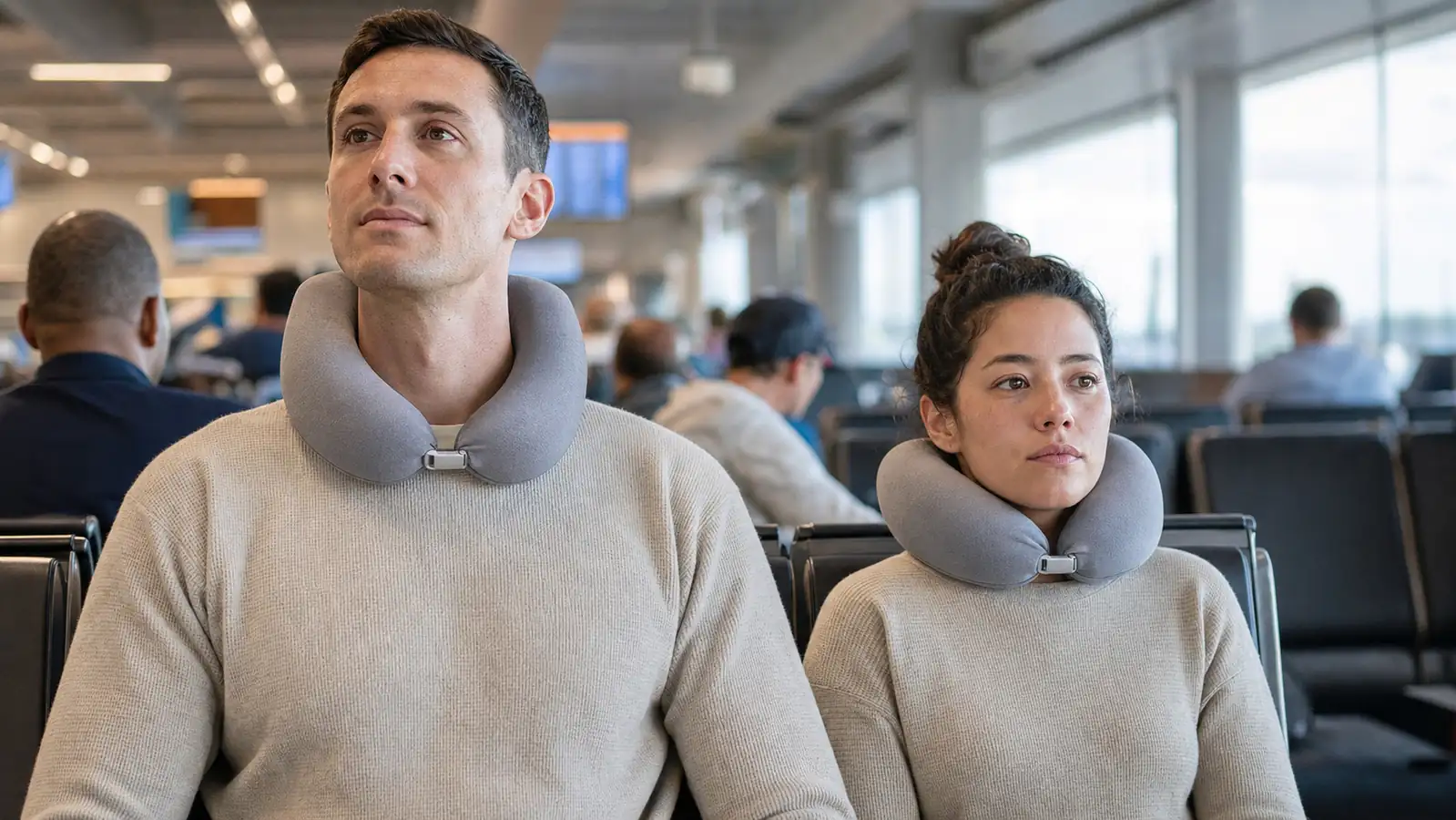 Two travelers of different heights each wearing the same neck pillow at an airport gate, showing how the fixed clasp fits differently on each
