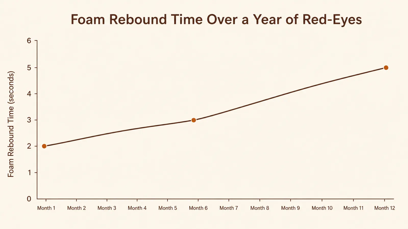 Line chart showing foam rebound time in seconds climbing from month 1 to month 12 of use