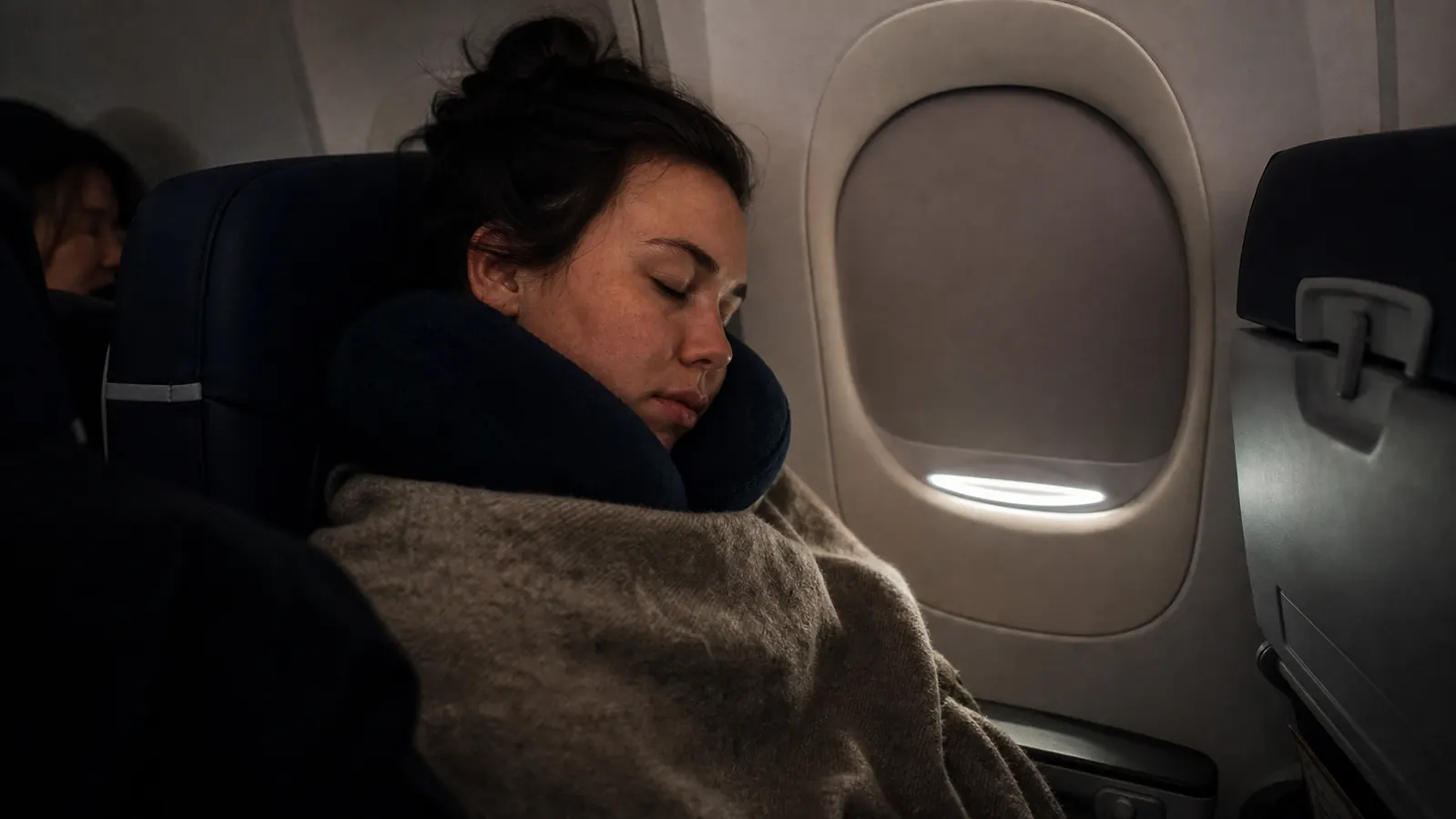 Traveler asleep against a neck pillow on an overnight flight with a dim cabin and window shade half closed