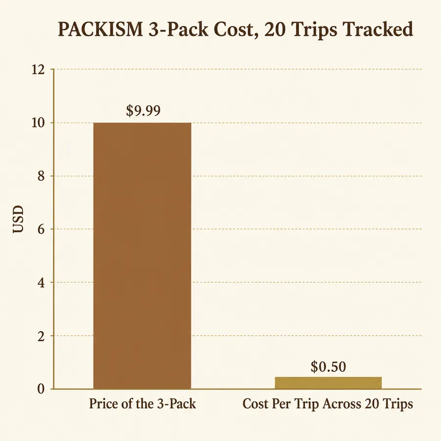 Bar chart comparing cost per trip between the PACKISM 3-pack and free checkpoint ziplock bags over 20 trips