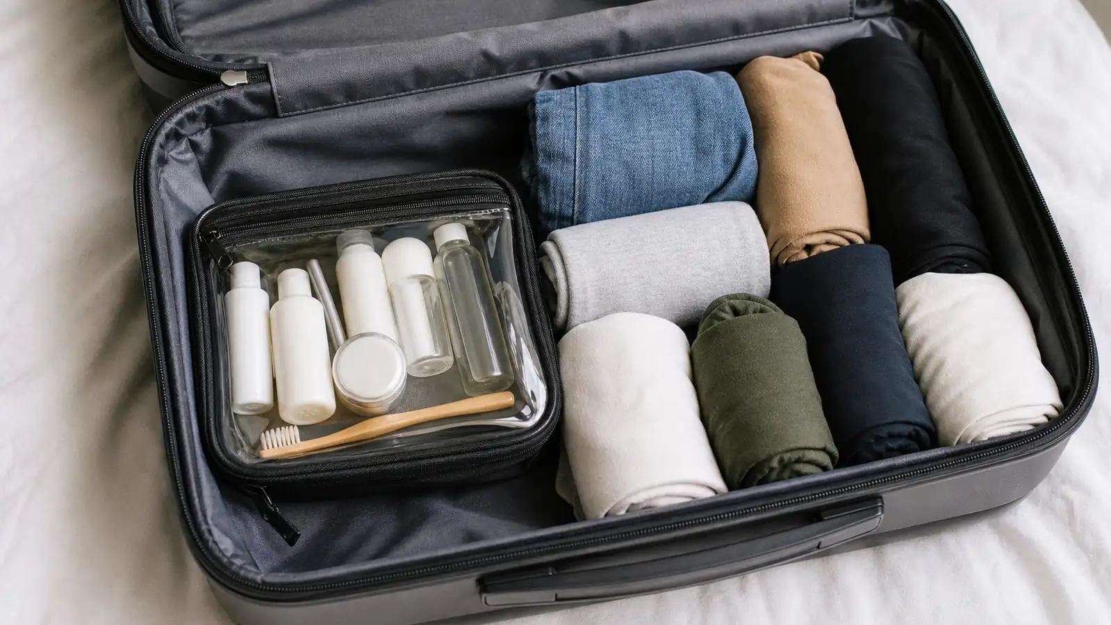 Open carry-on with a clear toiletry bag laid flat next to a rolled shirt, showing how little space it takes