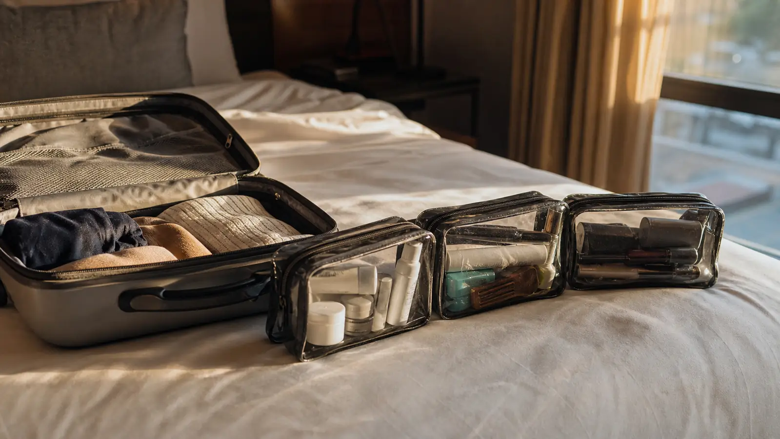 Three clear toiletry bags lined up on a suitcase, one showing a slightly stiff zipper pull