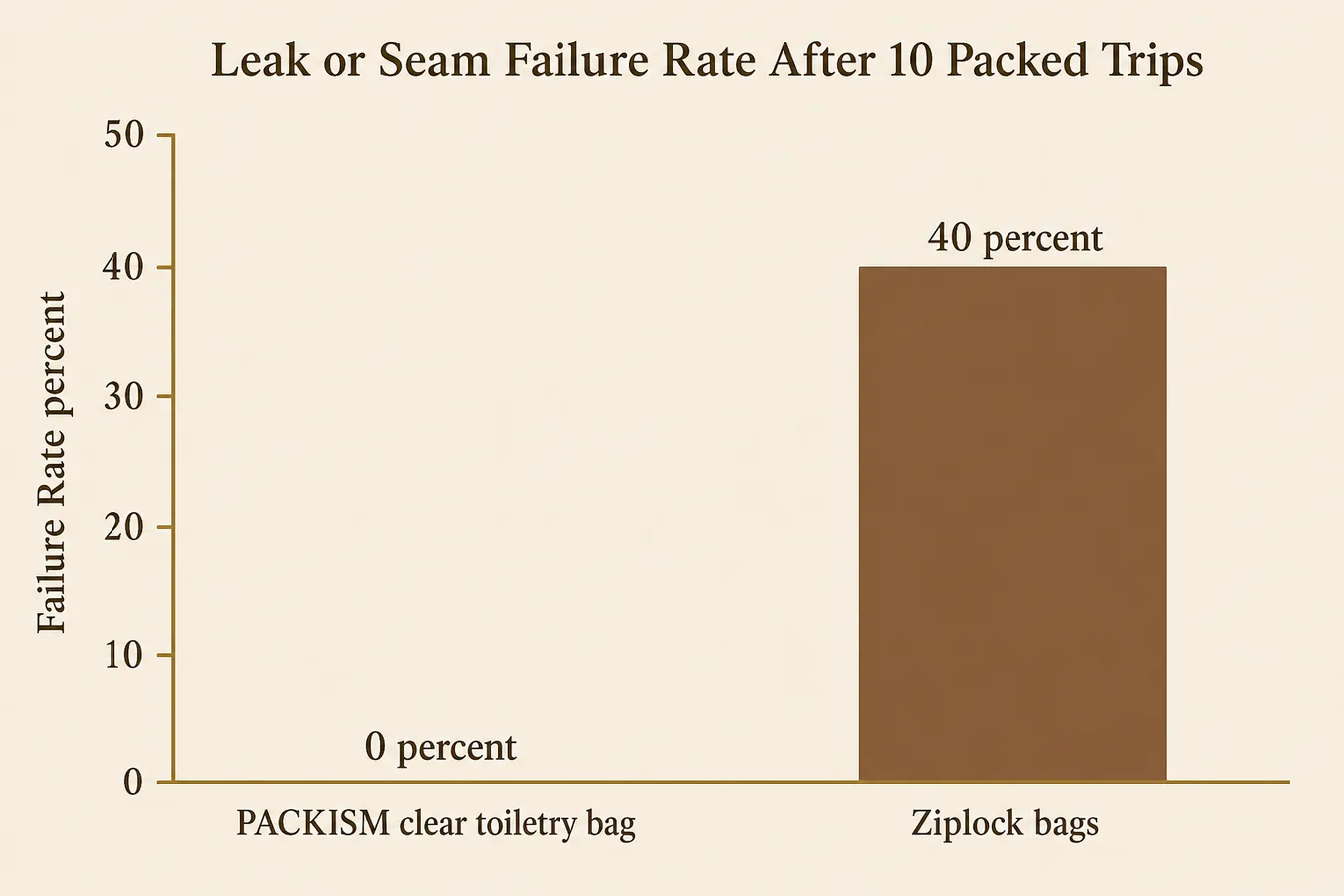 Bar chart comparing leak or seam failure rate between the PACKISM toiletry bag and ziplock bags across ten packed trips