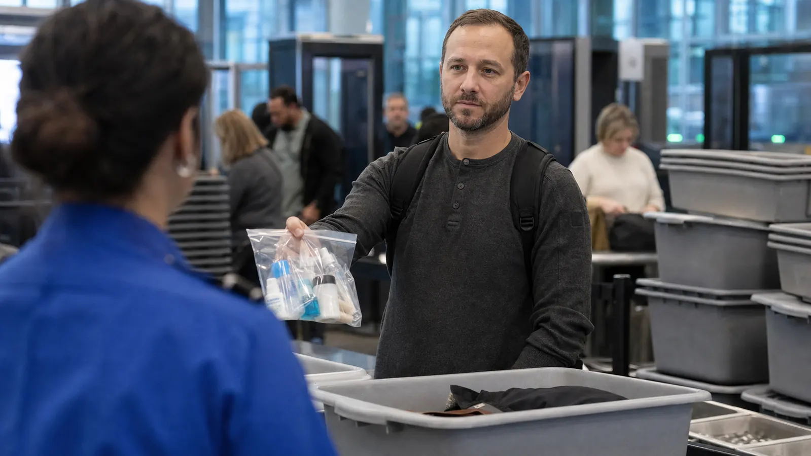 Traveler at a TSA checkpoint holding a clear toiletry bag out for screening with a bin of belongings nearby