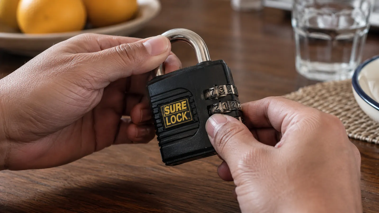 Close-up hand resetting the combination dials on a small TSA-approved luggage lock