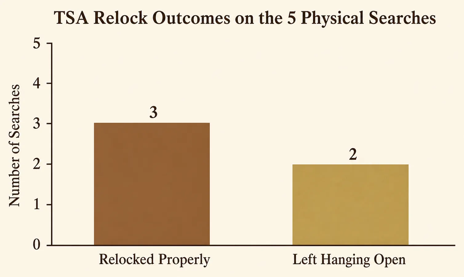 Bar chart showing that of the 5 physical TSA searches across 31 checked-bag trips, the lock was relocked properly 3 times and left hanging open 2 times