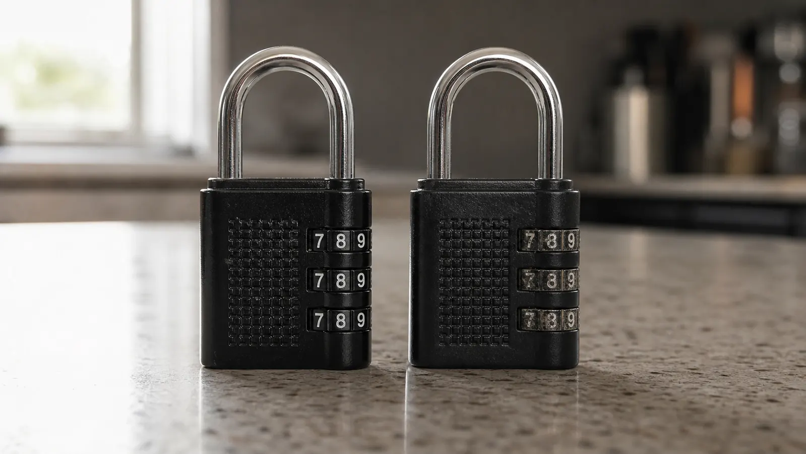 Two small combination locks side by side on a kitchen counter, one shiny and one with faded worn numbers