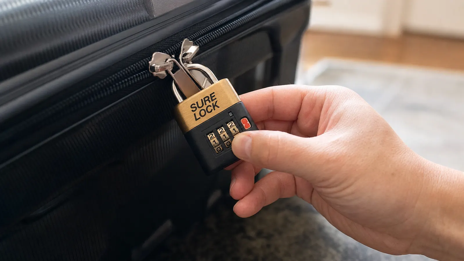 Hand turning the dial on a SURE LOCK combination lock clipped through a suitcase zipper pull