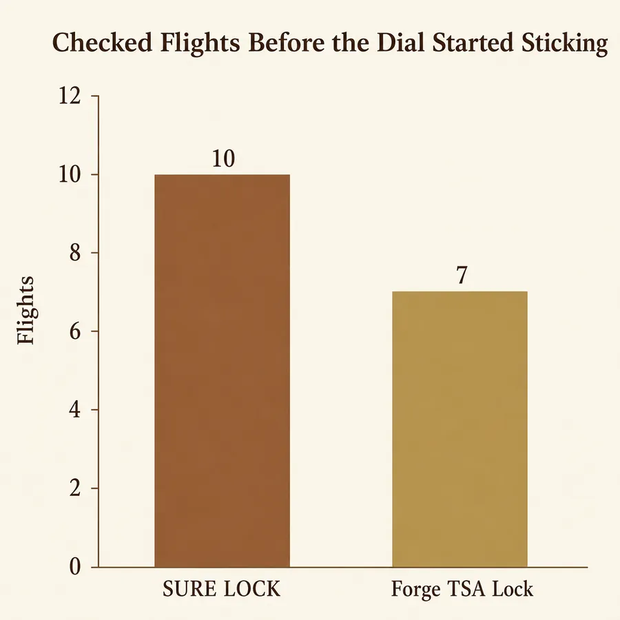 Bar chart comparing price and dial reliability between SURE LOCK and the Forge TSA lock over ten checked-bag flights